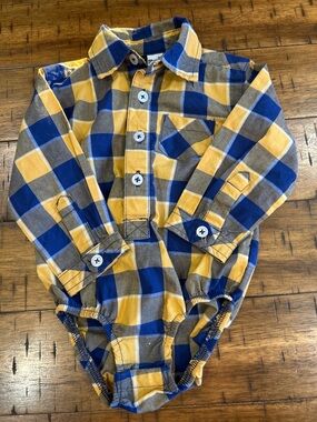 Plaid Button-Front Long Sleeve Baby Bodysuit in Yellow & Blue